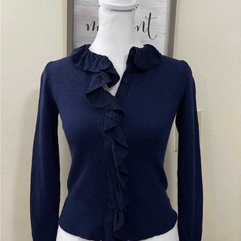 Navy Ruffle Trim Cardigan Sweater